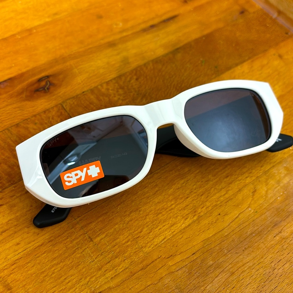 SPY Genre sunglasses. White frames. Gray “happy” lenses